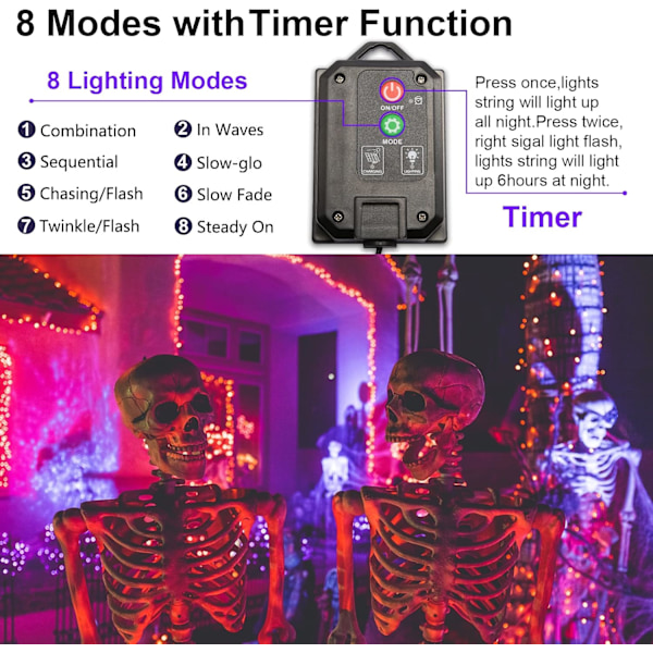 Utomhus solcellslingor orange & lila, utomhus 2-pack totalt 144ft 400 LED 8 lägen med timer, IP44 vattentät spöklik gotisk belysning för