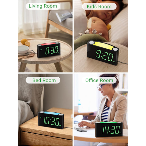 Väggklocka för sovrum, 7,5\" stor display LED-digitalklocka med 7-färgad nattlampa, USB-telefonladdare, dimmer, batteribackup, enkel att ställa in