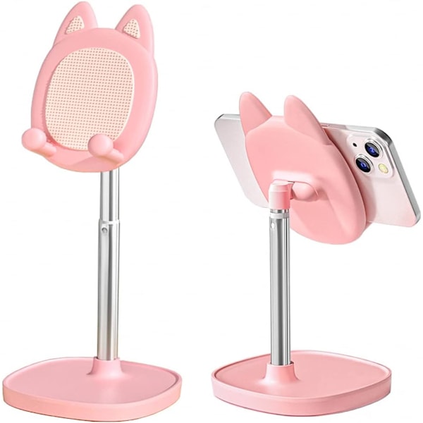 Søt Katte Telefonholder, Kattehode Mobiltelefonholder for Skrivebord, Vinkel- og Høydejusterbar Kompatibel med Alle Smarttelefoner, iPhone, Samsung, Nettbrett, iPad - Katte Rosa