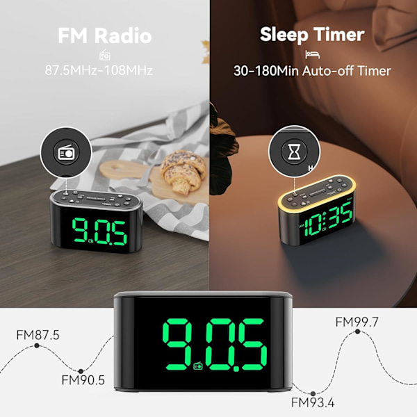 Hög ljudande väckarklockradio för tunga sovare, 7-färgad nattlampa, enkel att ställa in, 000 % dimmer, 3 ljudjusterbar volym, FM-radio med sömntimer,
