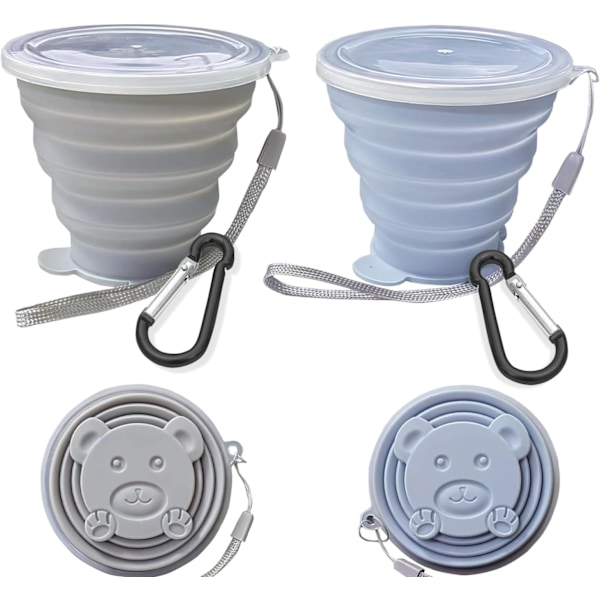 Hopfällbar silikonmugg med lock - Liten hopfällbar drickmugg för resor, camping, utomhus | Portabel & återanvändbar (Blå+Grå, 180ml)