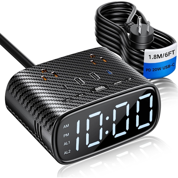 Digital väckarklocka med 20W USB C-portar, dubbel väckarklocka grenuttag med 2 AC-uttag, 4 USB-laddningsportar, dimbar snooze-bordsur med