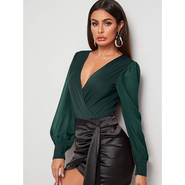 Kvinners V-hals Surplice Front Lykt Lang Arm Body