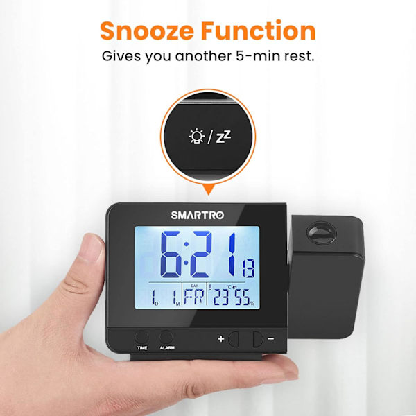 Projektionsvækkeur til soveværelser, digitalt ur med indendørs termometer hygrometer, USB-oplader, sengetidsvækkeur projektor, rejse, AC &