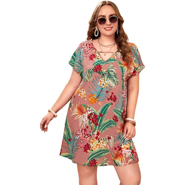 Kvinnors Plus Boho Tropisk Blommig Tryck Utskuren V-hals Kortärmad Tunika Klänning