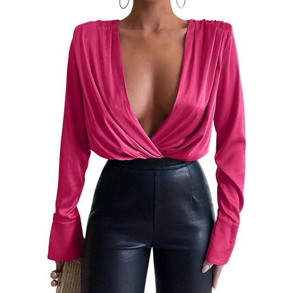 Kvinners langærmet sateng body elegant sexy dyp V-hals wrap korsett trikot