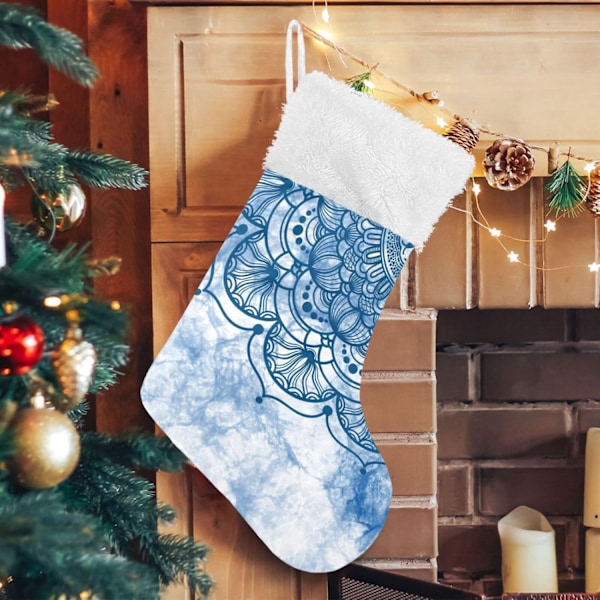 Julklapp, Personliga Julklappsstrumpor 2-pack Bohemisk Blomma Blå Mandala 45,7 cm Julstrumpor Hängande Ornament Eldstad för Träd