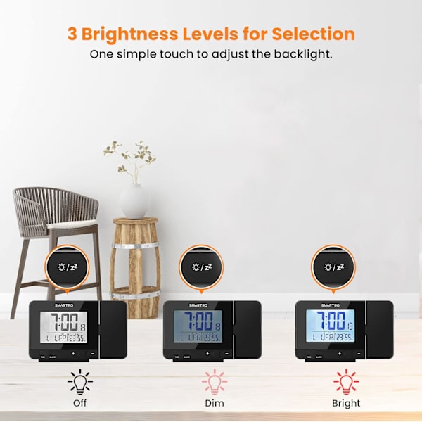 Projektionsvækkeur til soveværelser, digitalt ur med indendørs termometer hygrometer, USB-oplader, sengetidsvækkeur projektor, rejse, AC &