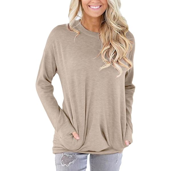 Dam tröjor höst pullover skjortor casual lös passform tunika topp bekväm söt sweatshirts långärmad crewneck t-shirts m1 beige Medium