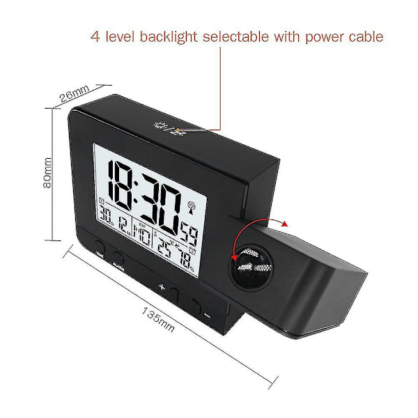 Projektionsvækkeur til soveværelse med termometer Hygrometer Digital projektionsur Dæmpbar LED-skærm med USB-oplader 180 drejelig med Dua