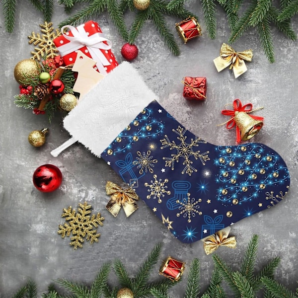 Julklapp, Personliga Julklappsstrumpor 2-pack Guld Snöflinga Julgran Blå 45,7 cm Julstrumpor Hängande Ornament Ka