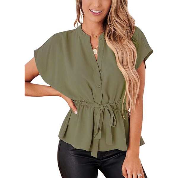 Kvinde Button Down Bluser Casual Peplum Sommer Toppe Dressy Chiffon Arbejdsbluse