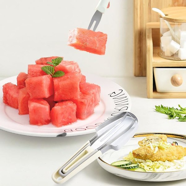 Vandmelon Skærer, 3 i 1 Vandmelon Gaffel Slicer Rustfrit Stål Vandmelon Vindmølle Skærer, 3 i 1 Sommer Vandmelon Skæreværktøj Gaffel Slicer Sæt Beige+green
