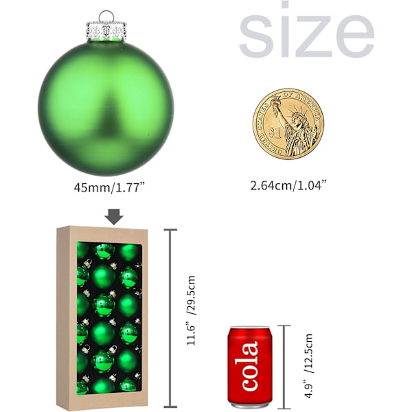 18 stk 1,8 tommers (45 mm) julekulepynt til juledekorasjoner, glass