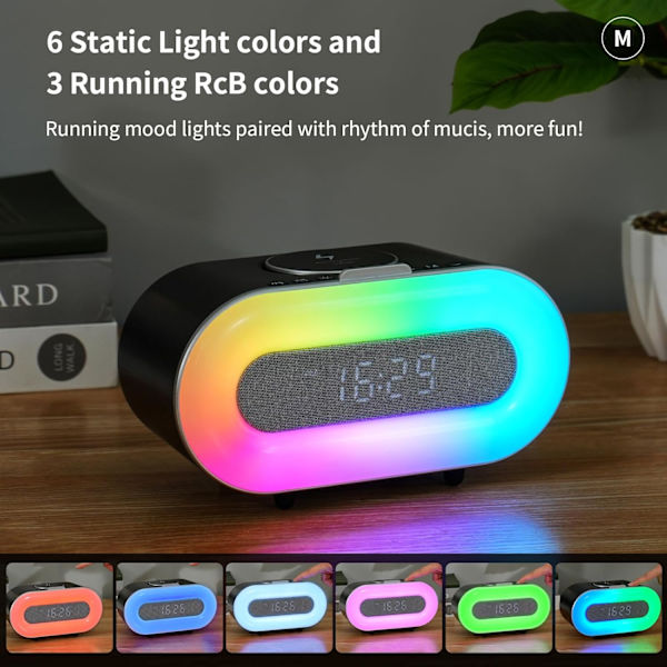 Bluetooth-högtalar väckarklocka med trådlös laddning 15W, RGB omgivande sänglampa, 4000mAh batteri Bluetooth-klocka, smarta musikpresenter för vuxna