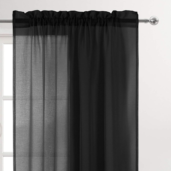 Svarta tyllgardiner, halvskira tyllstångsgardiner för sovrum och vardagsrum, 137 x 213 cm långa, set om 2