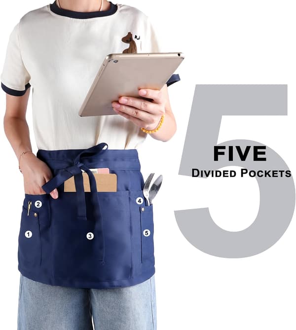 Serverforkle med 5 lommer - Naglespenne Unisex Kort/Halv Servitør Midjeforkle Mørkeblå