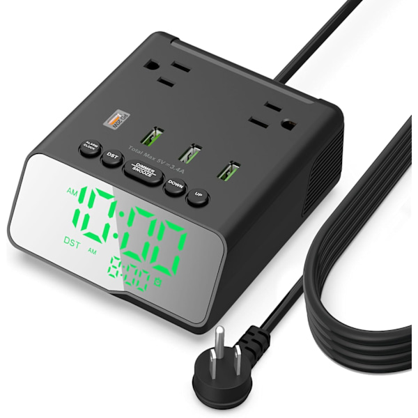 Digital väckarklocka med USB-portar, grenuttag med överspänningsskydd 2 uttag 4 USB-portar 6FT strömkabel, dimbar LED-väckarklocka för hemmakontor