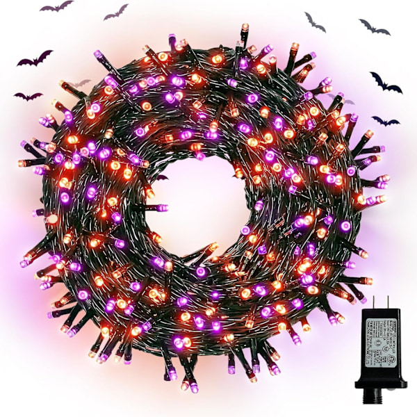 Orange og lilla Halloween-lys med stik, 180 LED vandtætte Halloween-fe-lys, 8 tilstande blinkende Halloween-lyskæde til grøn ledning