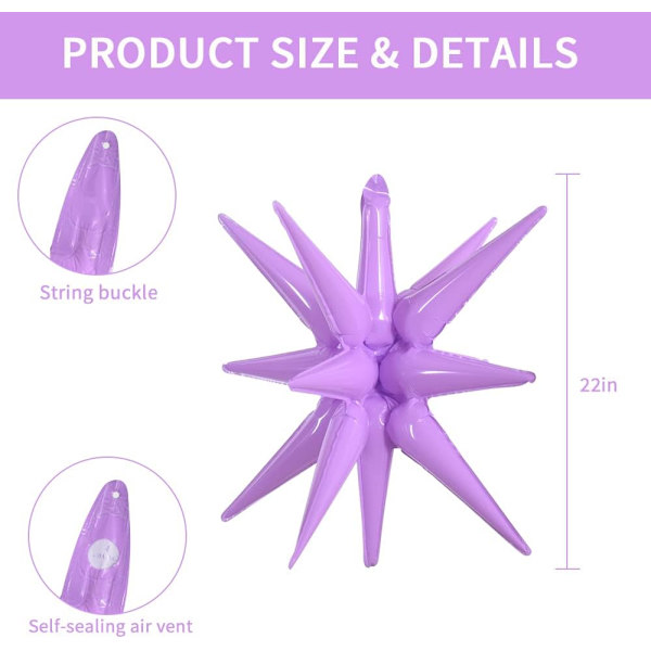 4 stk. 22 tommer 4D lilla Starburst Cone Mylar balloner 14 Point Star