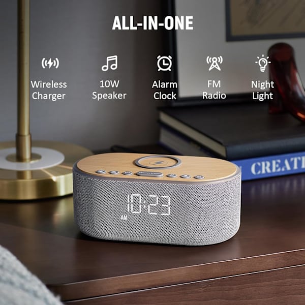Vækkeur Bluetooth FM-radio: 10W stereohøjttaler - Hurtig trådløs opladning til iPhone Samsung - Dæmpbar urradio til soveværelse Grå -
