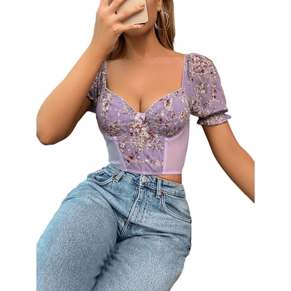 Kvinde Blomster Print Kort Puff Ærme Sweetheart Hals Chiffon Crop Top