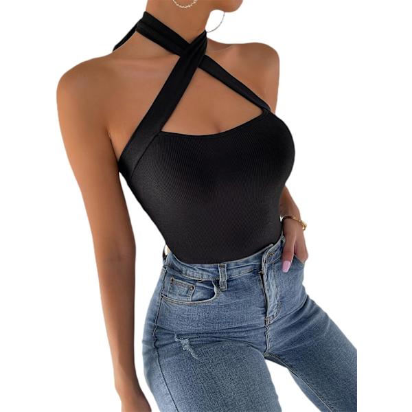 Kvinners Criss Cross Cut Out Halter Top Ermeløs Ribbet Strikket Cami Tank Top