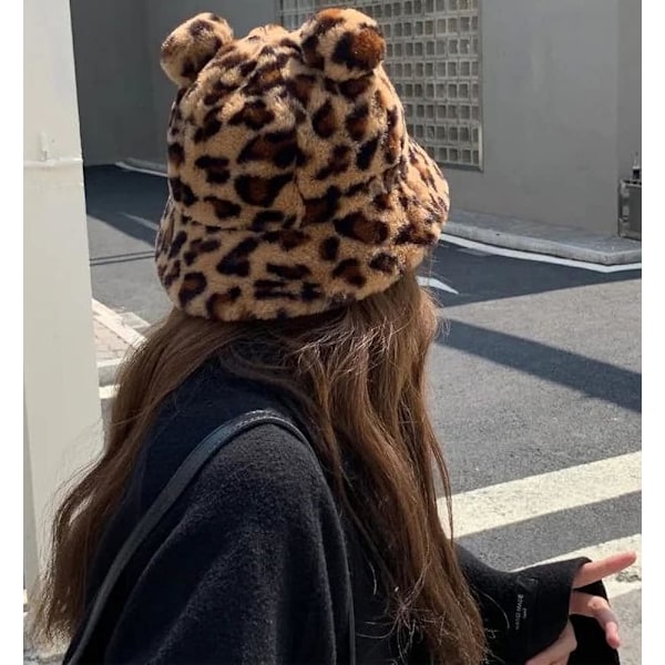 Kvinnors konstgjorda päls leopardmönstrad fiskarhatt vindtät hatt hinkhatt för hösten