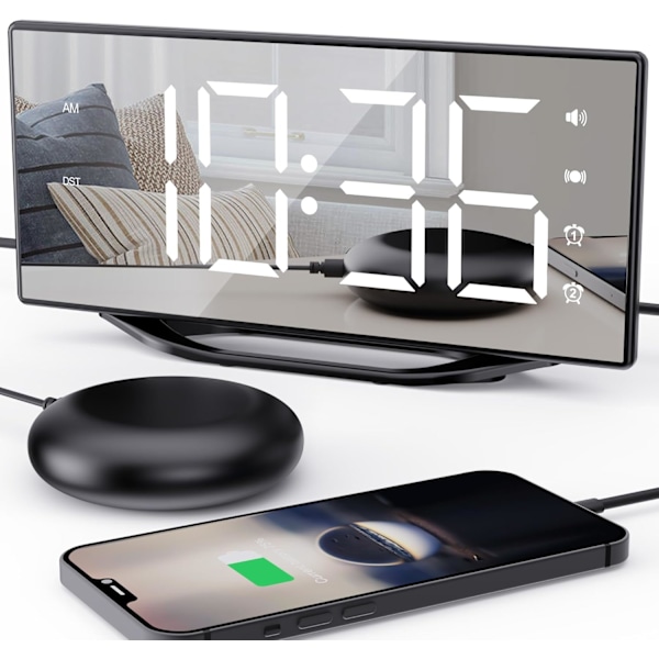 Extra högljudd väckarklocka för tunga sovare vuxna, digital dubbel väckarklocka för sovrum med USB-laddare, 8,7\" stor LED-spegeldisplay, vibrerande