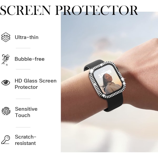 för Apple Watch Skal 44mm Serie 6/5/4/SE med Härdat Glas Skärmskydd, Dubbelt Bling Skal Kristall Diamanter Strass Stötfångare Övergripande Hård PC S