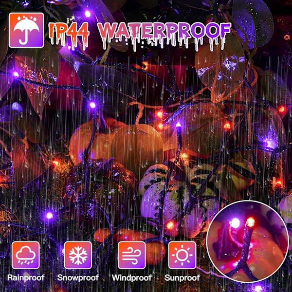 Halloween-lys utendørs, 300 LED 100FT oransje og lilla med 8 moduser timer, plugg inn Halloween-lyskjede for innendørs utendørs husgård