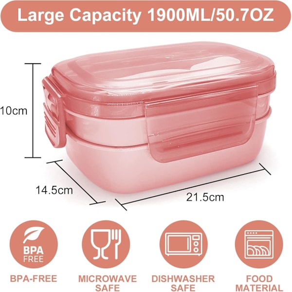 Bento Box Lunsjboks for Voksne. 1900ml 3 Lags Lunsjboksbeholdere