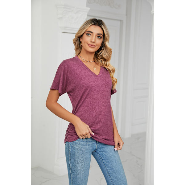 V-ringad enfärgad lös T-shirt damtopp