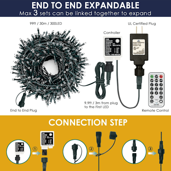 300LED juletrærlys utendørs innendørs lyslenke 108FT utvidbar, 11 moduser 4 farger skiftende vanntett blinkende fe lys fest varm