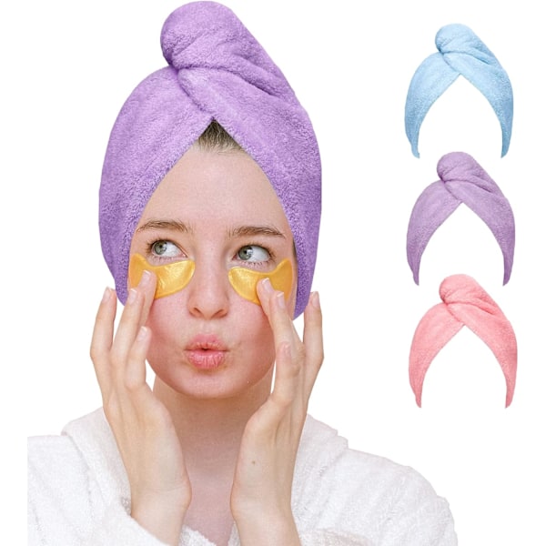 3-pack mikrofiber hårtorkande handduksomslag - superabsorberande turbanhanddukar med knappar (blå | lila | rosa)