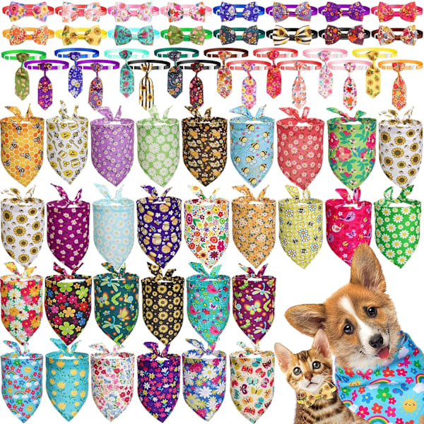 62 stk. sommerblomster-bandanas i løs vægt til hundehalsbånd, hundebåndssløjfe-kravesæt, inklusive 30 kæledyrsbandana-trekant-hundescarfs-hagesmække, 16 justerbare hunde