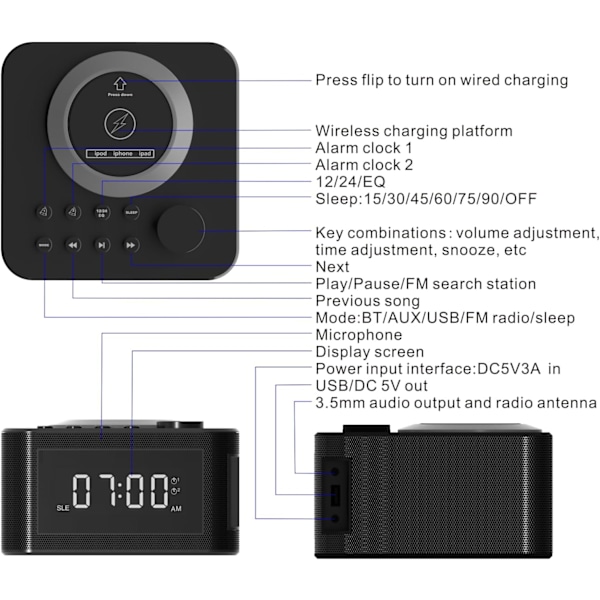 Bluetooth-högtalare med digital väckarklocka, trådlös laddare, FM-klockradio, atomur väckarklocka för sovrum, tunga sovande vuxna, svart