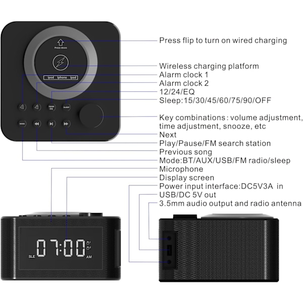 Bluetooth-høyttaler med digital alarmklokke, trådløs lader, FM-klokke, atomalarm bordklokke for soverom, tunge sovende voksne, svart