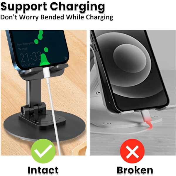 2 STK Mobiltelefonholder, Justerbar Telefonholder 360° Rotation Fuldt Sammenklappelig Skrivebordsdock Kompatibel med iPhone 16 15 14 13 Pro Max Android Smartphone