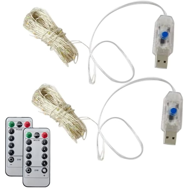 2-pack Vattentäta LED-slingor Batteridrivna ljusslingor 100 LED 8 lägen Hängande ljusslingor Dimbar/Timer med fjärrkontroll för camping