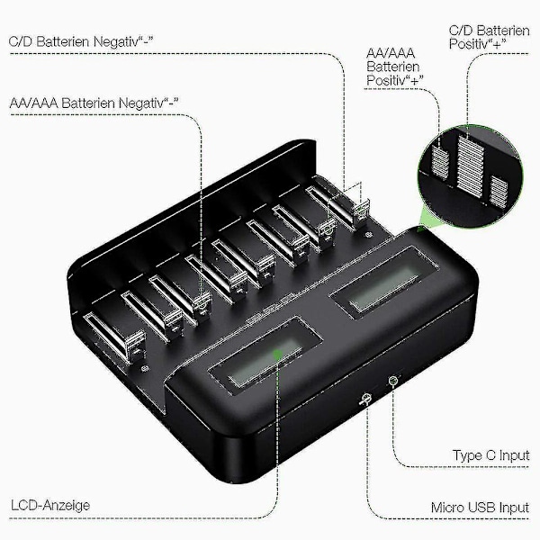 Lcd Universal Batterilader - 8 Bay Aa /aaa /c /d Batterilader