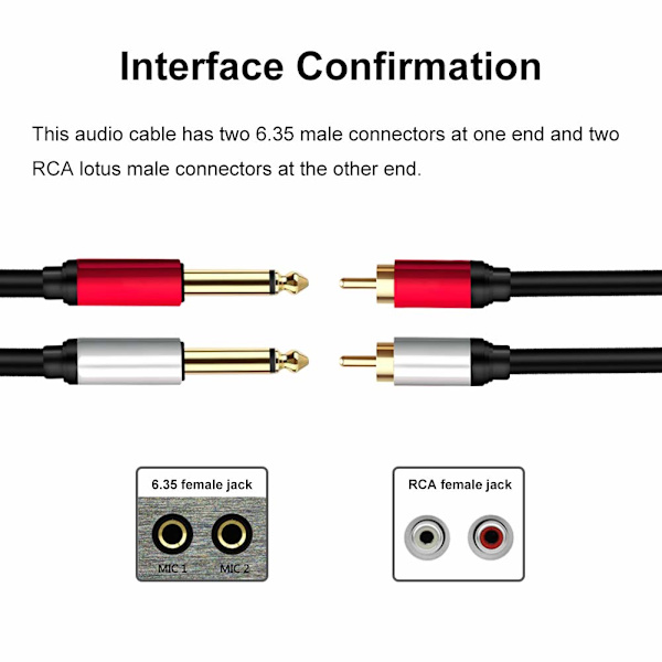 2 x 6,35 mm til 2RCA-kabel - Stereo Jack til RCA-lydkabel
