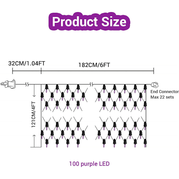 3 Pakker Julelysnett, 100 LED 6ft x 4 ft Lilla Koblingsbare Nettlys Utendørs Nettlys med Svart Ledning, Busklys for Julegård