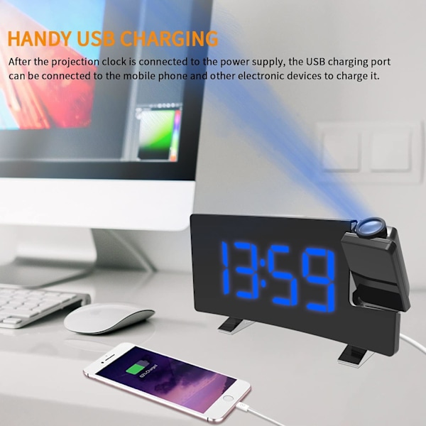 Projektion för sovrum med radio, 8” böjd skärm LED digital klocka stor display, USB-laddningsport, automatisk dimmer, snooze, dubbel väckarklocka