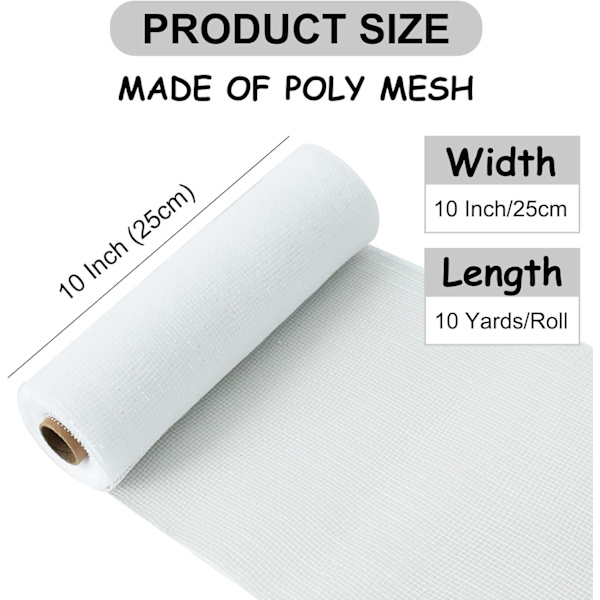 Hvid Metallic Deco Mesh Bånd 10 Tommer x 10 Yard Stof Mesh Rulle Dekorativ