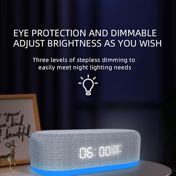 Bluetooth-højttaler med trådløs opladning, dobbelt vækkeur, 3 niveauer lysstyrke, sengelampe, digitalt ur 12/24 timer, 6 i 1 trådløs opladningsstation