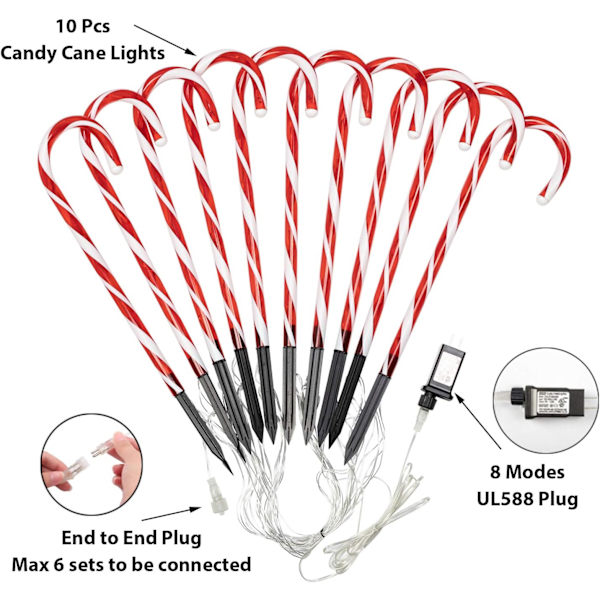 Candy Cane utomhus landskapsbelysning - 10-pack 60 röda lysdioder 21 tum upplysta julvägsljussträng med minnesfunktion 8 blinkande lägen röd
