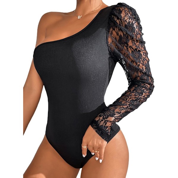 Women's One Shoulder Floral Lace Puff Long Sleeve Skinny Bodysuit Jumpsuit T