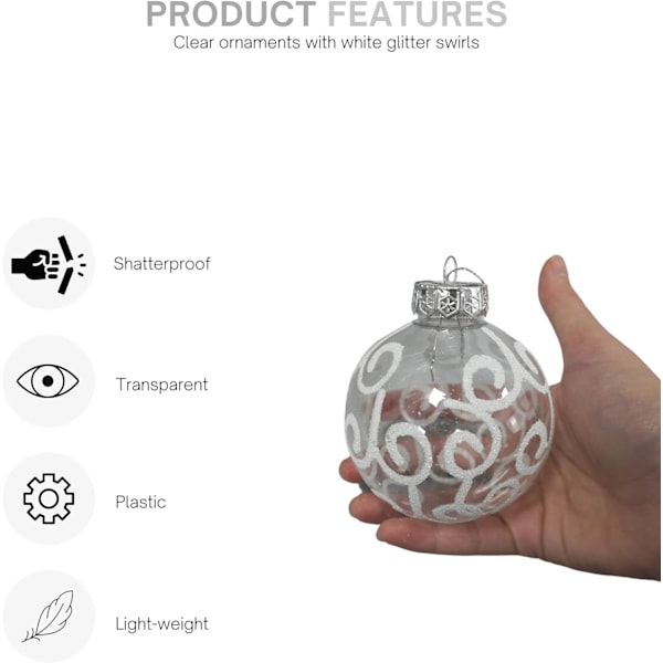 12-pack vita julgranskulor i plast med vita virvlar, 3,15 tum/80 mm, transparenta