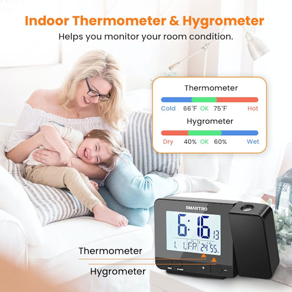 Projektionsvækkeur til soveværelser, digitalt ur med indendørs termometer hygrometer, USB-oplader, sengetidsvækkeur projektor, rejse, AC &